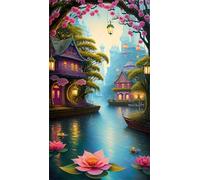 Umfarvt 5D Diamond Art Painting,Loft Lotus Lake Diamond Painting Kits for Adults,DIY Square Full Drill Canvas Embroidery Cross Stitch,Diamond Arts Crafts Painting Pictures for Home Wall Decor 40x90cm