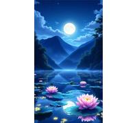 Umfarvt 5D Diamond Art Painting,Lotus Lake Moon Diamond Painting Kits for Adults,DIY Square Full Drill Canvas Embroidery Cross Stitch,Diamond Arts Crafts Painting Pictures for Home Wall Decor 30x70cm