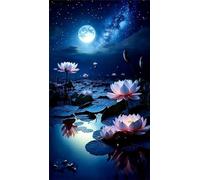Umfarvt 5D Diamond Art Painting,Lotus Moon Lake Diamond Painting Kits for Adults,DIY Square Full Drill Canvas Embroidery Cross Stitch,Diamond Arts Crafts Painting Pictures for Home Wall Decor 30x70cm