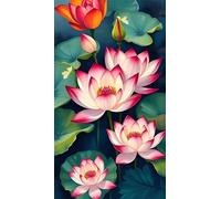Umfarvt 5D Diamond Art Painting,Lotus Pink Pond Diamond Painting Kits for Adults,DIY Square Full Drill Canvas Embroidery Cross Stitch,Diamond Arts Crafts Painting Pictures for Home Wall Decor 20x50cm