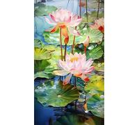 Umfarvt 5D Diamond Art Painting,Lotus Pond Diamond Painting Kits for Adults,DIY Round Full Drill Canvas Embroidery Cross Stitch,Diamond Arts Crafts Painting Pictures for Home Wall Decor 100x210cm