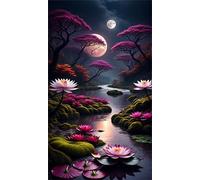 Umfarvt 5D Diamond Art Painting,Lotus Tree River Diamond Painting Kits for Adults,DIY Round Full Drill Canvas Embroidery Cross Stitch,Diamond Arts Crafts Painting Pictures for Home Wall Decor 40x90cm