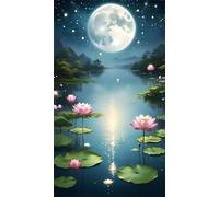 Umfarvt 5D Diamond Art Painting,Sea Lotus Moon Diamond Painting Kits for Adults,DIY Round Full Drill Canvas Embroidery Cross Stitch,Diamond Arts Crafts Painting Pictures for Home Wall Decor 60x130cm