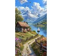 Umfarvt 5D Diamond Painting Kit Completo,Casa sul lago natura Diamond Painting per Adulti,DIY Round Diamond Art Strass Ricamo a Punto Croce Pittura Diamante per Decorazione Parete 60x130cm