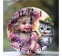 Umfarvt Wall Clock 8Inch, Arabic Numeral Round wall Hanging clock with Ultra-Quiet Movement Quartz, Battery Operated Silent wall clocks for Bedroom Office Living Room Classroom(Cute Girl Cat)