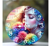 Umfarvt Wall Clock 8Inch, Arabic Numeral Round wall Hanging clock with Ultra-Quiet Movement Quartz, Battery Operated Silent wall clocks for Bedroom Office Living Room Classroom(Girl Kiss Flowers)