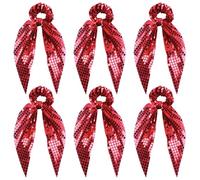 Umibow 6 elastici per capelli metallici con palline da discoteca con paillettes, con fiocco, bomboniere per feste, fiocchi scintillanti, elastici per coda di cavallo, da donna, colore rosso
