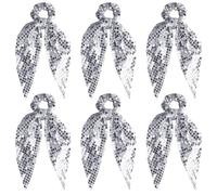 Umibow 6 elastici per capelli metallici con palline da discoteca con paillettes, con fiocco, bomboniere per feste, fiocchi scintillanti, elastici per coda di cavallo, da donna (argento)