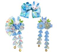 Umibow Fermagli per capelli a forma di coniglio, stile giapponese, stile giapponese, kimono, coniglietto, fermaglio per capelli cinese Hanfu, nappa, kimono, ventaglio floreale, copricapo pasquale