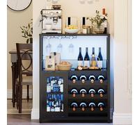UmiMirari 3-Tier Wine Bar Cabinet with LED Lights, Detachable Wine Rack and Storage Space, Buffet Cabinet with Glass Holder and Mesh Door, for Kitchen, Living Room and Bar, Black