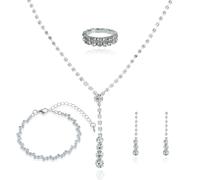 Umimiss Set di gioielli per damigella d'onore, set di gioielli da donna, collana in argento con strass, orecchini a goccia, bracciale, anello, set di gioielli indiani, gioielli per proposta di