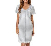 UMIPUBO Camicia da Notte Donna Estivo Manica Corta Cotone Pigiama Scollo a V Vestito da Notte con Bottoni Pizzo Comoda Casual Camici Notte Vestaglia Pigiami per Casa(Stripe-Grigio, S)