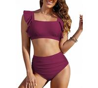 UMIPUBO Costume Donna Due Pezzi Bikini Vita Alta Curvy Pancia Pieghe Contenitivo Modellante Collo Quadrato Volant Mare Costume da Bagno Estivo