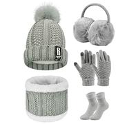 UMIPUBO Donna Cappello Sciarpa e Guanti Touch Screen Set Invernali Berretto Scaldaorecchie in Peluche di Calze Cappello a Cuffia in Maglia 5 Pezzi per Donna Sport all'aperto Sci (Grigio)