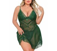 UMIPUBO Lingerie Donna Sexy Babydoll Taglia Superiore Intima Pizzo Intimo Camicia da Notte Set con Scollo a V Pigiama Abito in Pizzo Sleepwear G-Stringa Plus Size (Verde, XXL)