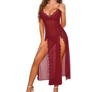 UMIPUBO Lingerie Sexy Donna Intima Babydoll in Pizzo Sexydonna Lungo Abito Seducente Sottoveste Camicia da Notte Trasparente Scollo a V Pigiama Completino (Rosso Vinoso, XL)