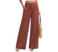 UMIPUBO Pantaloni Lino Donna Estivi Leggeri Cotone Larghi Pantalone Elastica Vita Alta Elegante Gamba Larga Palazzo Pants Casual Comodi Pantaloni da Spiaggia con Tasche (Rosso mattonella, S)