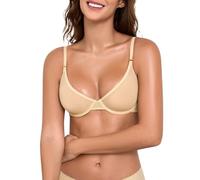 UMIPUBO Reggiseno Donna Senza Cuciture Reggiseni Sexy Semi Trasparente Ferretto Comodo Sexy Sheer Mesh Push Up Scollo a V Senza Imbottito Spalline Regolabili (Beige, 2B)