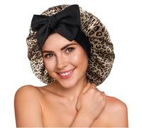 Umisleep 100% 22 Momme Cuffia Seta di Gelso per Dormire,Cuffia da Notte in Seta a Doppio Strato per Capelli Ricci,Traspirante,con Cinturino Largo Regolabile per Il Fissaggio alla Testa,Leopardo+Nero