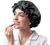 Umisleep 22 Momme 100% seta di gelso per dormire con volant, double face, morbido e traspirante, fascia regolabile per capelli ricci, nero