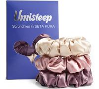 Umisleep Set di 3 scrunchies in seta al 100% per donne, morbidi elastici per capelli per meno crespi e rottura, elastici per capelli senza impronte (rosa+champagne+viola prugna)