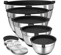 Umite Chef Ciotole per mescolare con coperchi ermetici, set di 8 ciotole in acciaio inox, 3 attacchi per grattugia e fondo antiscivolo, ciotole da cucina nere, dimensioni 5, 4, 3,5, 2, 1,5 QT per
