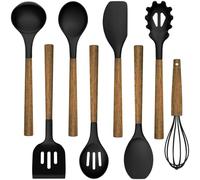 Umite Chef Set di 8 utensili da cucina in silicone, con manici in legno di acacia naturale, teste in silicone per uso alimentare, set di accessori da cucina antiaderenti, colore: nero