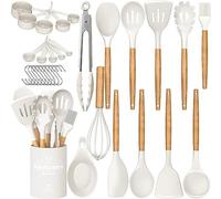 Umite Chef Set di utensili da cucina, 33 pezzi, in silicone antiaderente, set di spatole da cucina con supporto, manico in legno, set di utensili da cucina in silicone (bianco crema)