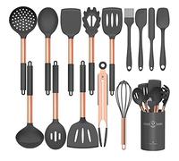Umite Chef - Set di utensili da cucina in silicone, 15 pezzi, antiaderenti, con manico color oro rosa, set di utensili da cucina, colore: grigio