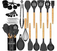 Umite Chef Utensili da cucina - Set di 24 utensili da cucina antiaderente in silicone con supporto, manico in legno resistente al calore