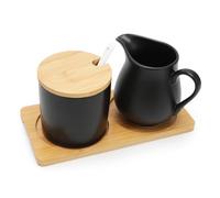 Umllpet Set latte e zucchero con coperchio e cucchiaio, brocca per latte in ceramica con vassoio in legno, brocca per latte in ceramica nera e zuccheriera con vassoio in legno, adatto al microonde e