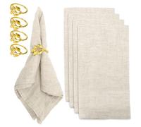 Umllpet Tovaglioli di lino in cotone, set di tovaglioli e portatovaglioli, per famiglia, feste, Halloween, Natale, beige, 40 x 40 cm, 4 tovaglioli + 4 anelli portatovaglioli