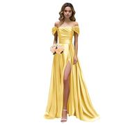 UMLXYER Abiti da Ballo con Spalle Scoperte per Donne Abiti Lunghi da Damigella d'Onore in Raso 2024 Abiti da Sera Formali con Fessura Yellow M
