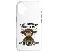 Umorismo divertente sulla mucca delle Highland stanchi sulla collina Custodia per iPhone 16