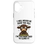 Umorismo divertente sulla mucca delle Highland stanchi sulla collina Custodia per iPhone 16 Plus