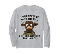 Umorismo Divertente sulla Mucca delle Highland Stanchi sulla collina Maglia a Manica