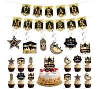 Umrah Mubarak,20 Pezzi Set Decorativo Ramadan,Striscioni, Decorazioni Per Torte, Spirali Sospese: Le Decorazioni Nere e Dorate Del Ramadan Sono Adatte Alle Feste Islamiche e Agli Eventi Musulmani