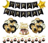 Umrah Mubarak - Set di 32 striscioni per feste - Striscioni a forma di stella, palloncini con coriandoli e cupcake, decorazione per Ramadan, Eid e Umrah