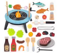 UMU® Set per barbecue in legno per bambini, set da 45 pezzi, con barbecue, carne, verdure, pesce, marshmallow e accessori, giocattolo da cucina a partire dai 3 anni in su