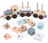 UMU® Tirante in legno 2 in 1 per bambini - Set con 2 carrelli inclusi assortimento e giocattolo impilabile (18 pezzi, completamente smontabile), lunghezza 37 cm, giocattolo Montessori per bambini a