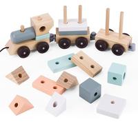 UMU Treno in legno 2 in 1 per bambini - Kit di smistamento e impilamento (18 pezzi, completamente smontabile), 37 cm, giocattolo Montessori per bambini a partire da 1 anno