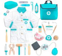 UMU® Valigetta Medico per Bambini in Legno - Kit Medico da 20 Pezzi con Stetoscopio Giocattolo, Camice da Dottore, Accessori Dentista e Altro - Gioco del Dottore per Bambini di 3, 4, 5 Anni