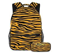 Un abbinamento perfetto per la tua piccola stella, set da 2 pezzi, zaino e astuccio, motivo zebrato arancione, Multicolore, B：29.4x20x40cm P：19x7.5x3.8cm, Zaini Daypack
