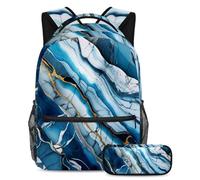 Un abbinamento perfetto per la tua piccola stella, set di 2 zaini per bambini, zaino e astuccio, motivo marmo blu, Multicolore, B：29.4x20x40cm P：19x7.5x3.8cm, Zaini Daypack