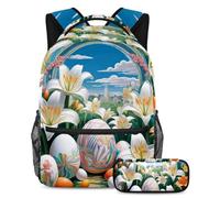 Un abbinamento perfetto per la tua piccola stella, set di 2 zaini per bambini, zaino e astuccio, uova di Pasqua e gigli, Multicolore, B：29.4x20x40cm P：19x7.5x3.8cm, Zaini Daypack