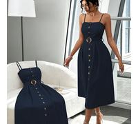 Un abito elegante e senza maniche con decorazioni a bottoni facili, per il tragitto giornaliero e gli appuntamenti, caratterizzato da un design a metà polpaccio e una cintura.