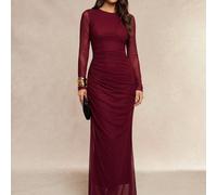 Un abito in rete bordeaux a maniche lunghe con collo rotondo e taglio che definisce la vita, impreziosito da volant che emanano un fascino femminile. Elegante e versatile L,M,S,XL,XSColore unicoTessut