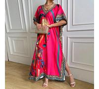 Un abito lungo da spiaggia adatto per l'autunno e l'inverno, adatto per donne taglie forti, con scollo a V, vestibilità morbida, stampe, stile bohémien. Casual vacanza rosa estate Tagli UnicaLeopardo,