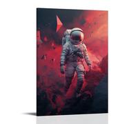 Un astronauta composto da poligoni digitali frammentati che esplorano un paesaggio alieno surreale, color cremisi con montagne geometriche galleggianti, mescolando elementi astratti e fantascientifici