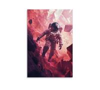 Un astronauta composto da poligoni digitali frammentati che esplorano un paesaggio alieno surreale, color cremisi con montagne geometriche galleggianti, mescolando elementi astratti e fantascientifici